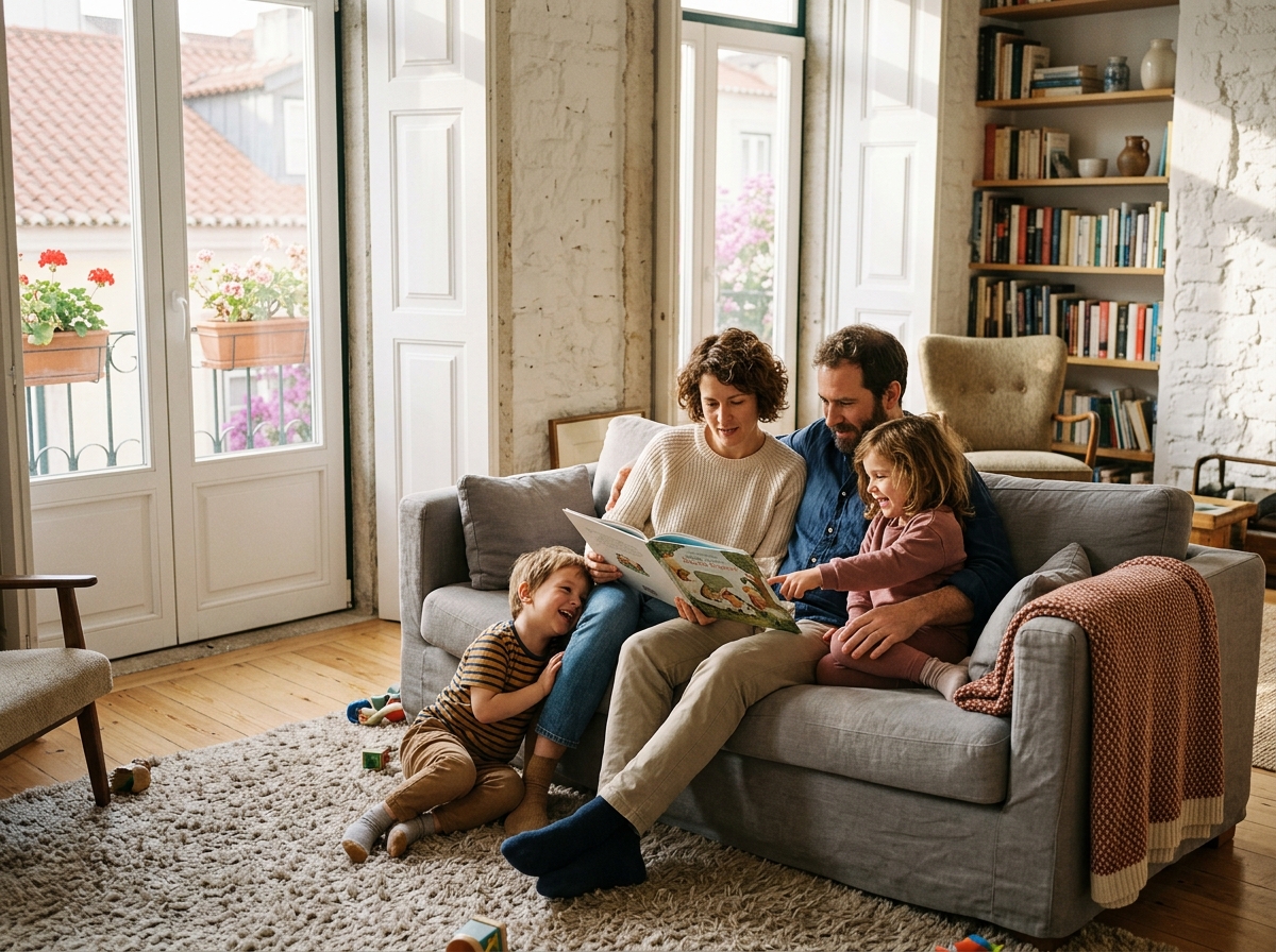 Família deitada a ler um livro juntos