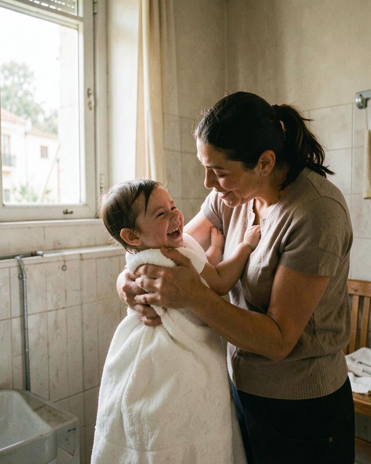 Mãe envolve a filha numa toalha depois do banho e ambas riem