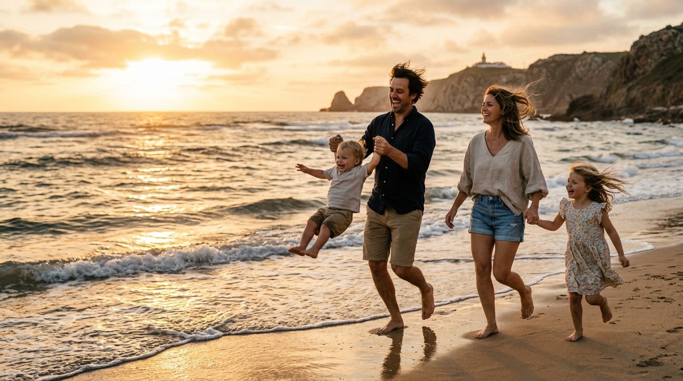 Família corre de mãos dadas junto ao mar de Lisboa no pôr do sol