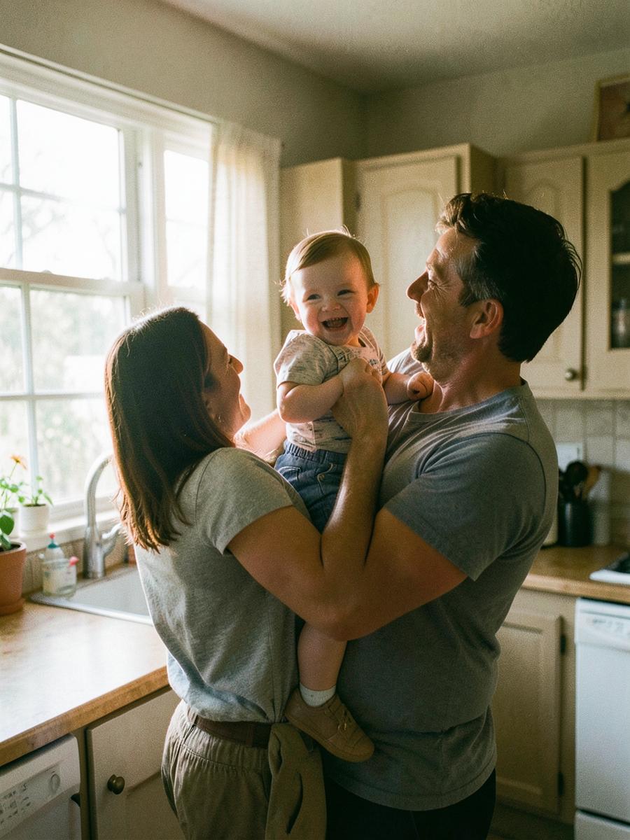 Pai e mãe ao colo de um bebé a rir numa cozinha com luz de manhã