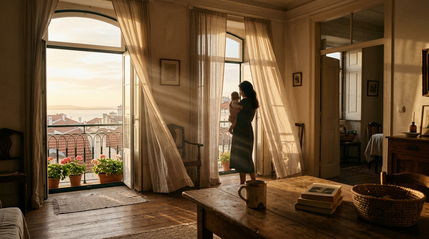 Casa em Lisboa na luz da manhã com cortinas de linho e silhueta à janela