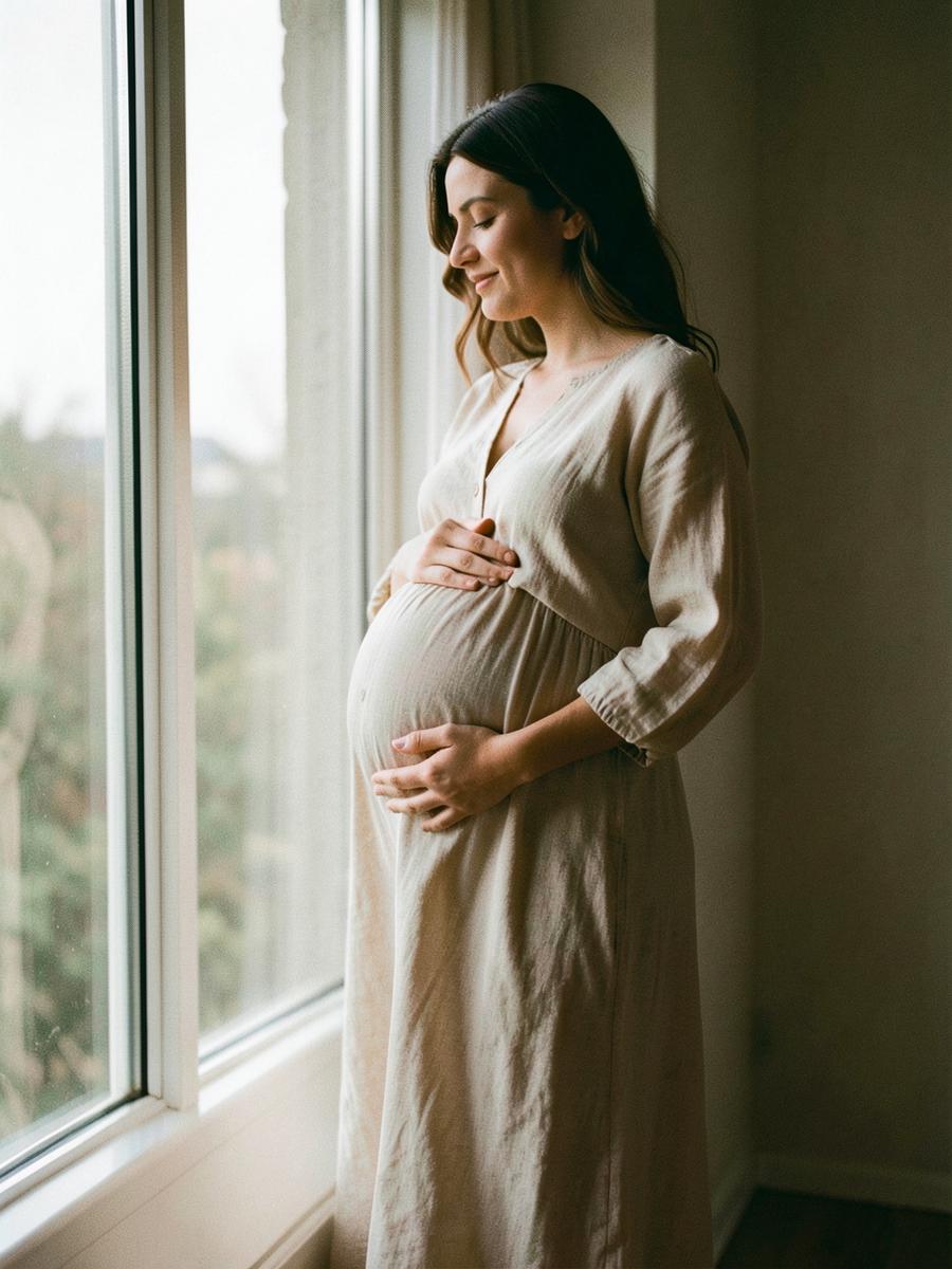 Mulher grávida junto a uma janela, mãos sobre a barriga