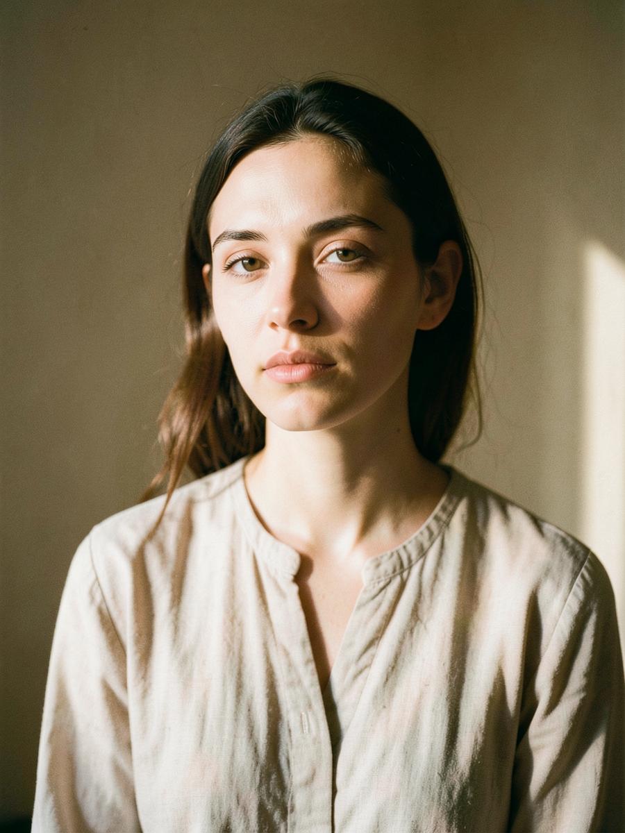 Retrato de mulher em luz suave junto a uma parede clara
