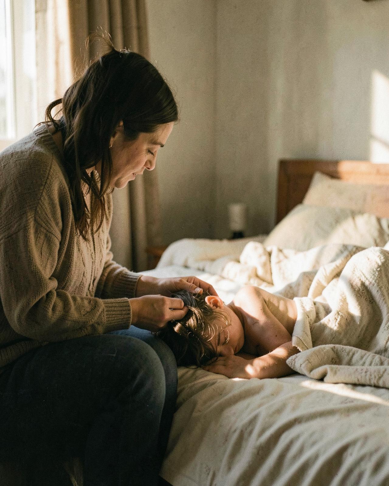 Mãe acaricia o cabelo do filho adormecido na cama ao fim do dia